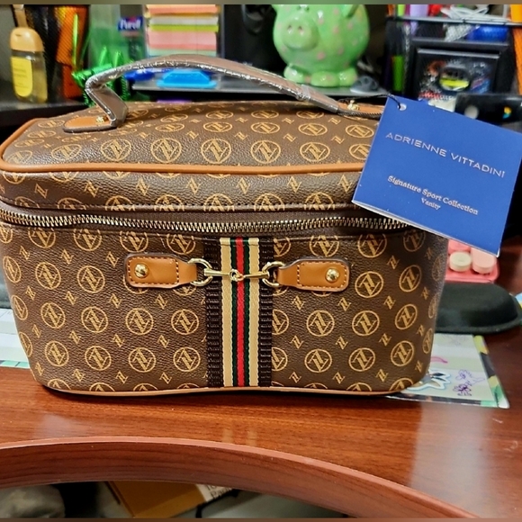 Adrienne Vittadini Brown Cosmetic Bag with Monogram Pattern - Picture 1 of 2